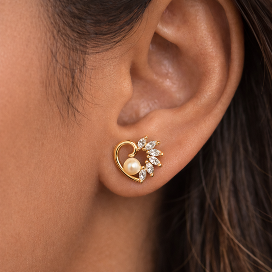 Gold-Plated Pearl & Marquise Zirconia Heart Studs β Elegant Floral Heart Design Earrings