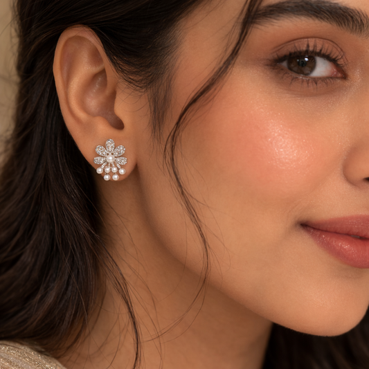 Silver Pave Diamond-Style Flower & Pearl Spray Stud Earrings β Floral Clusters with Pearl Dangles