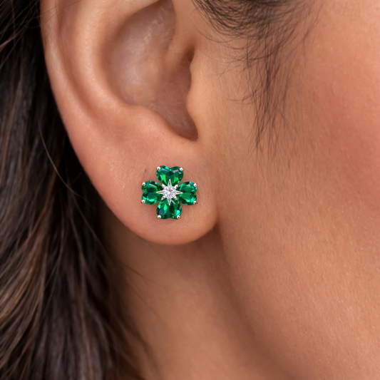 Emerald Green Heart-Cut Clover Studs β Lucky Four-Leaf Blossom Earrings with Starburst Center
