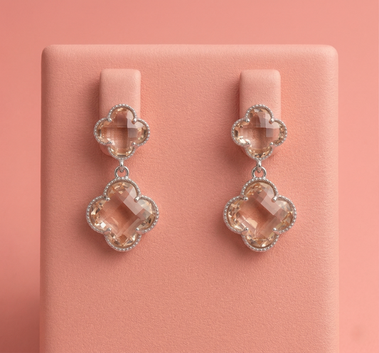 Blush Clover Crystal Drop Earrings in Silver Finish