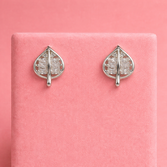 Elegant Crystal Leaf Drop Stud Earrings β Silver Tone