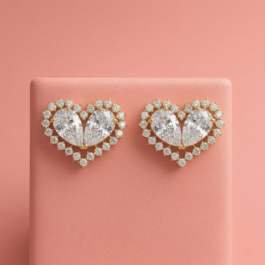 Radiant Twin Heart Zircon Gold Stud Earrings