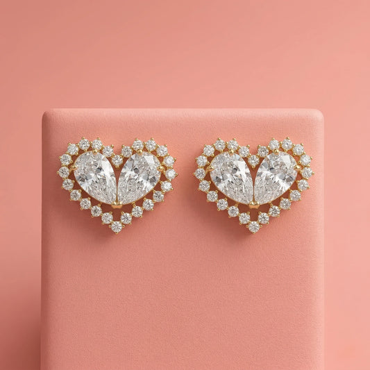 Radiant Twin Heart Zircon Gold Stud Earrings