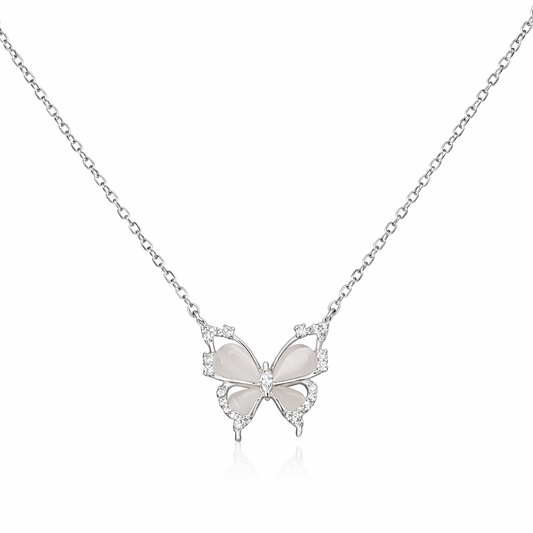 Ethereal Silver Butterfly Pendant Necklace with Luminous Inlay & Zirconia Accents