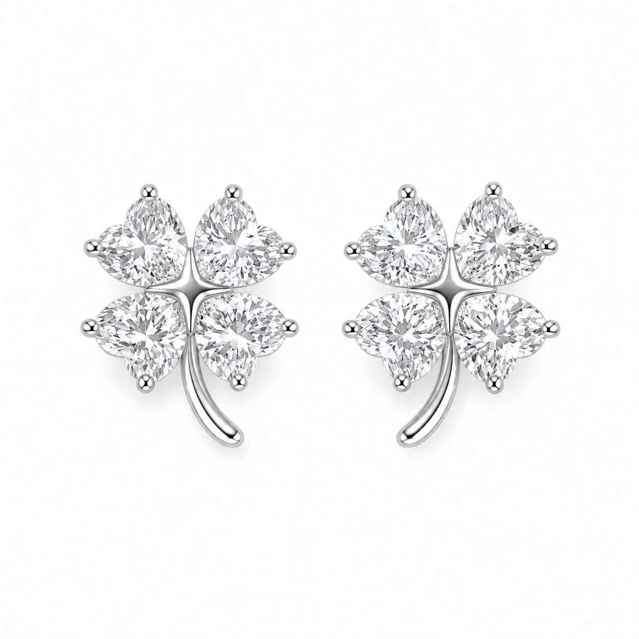 Four leaf clover stud earrings, 925 silver with clear crystal stones