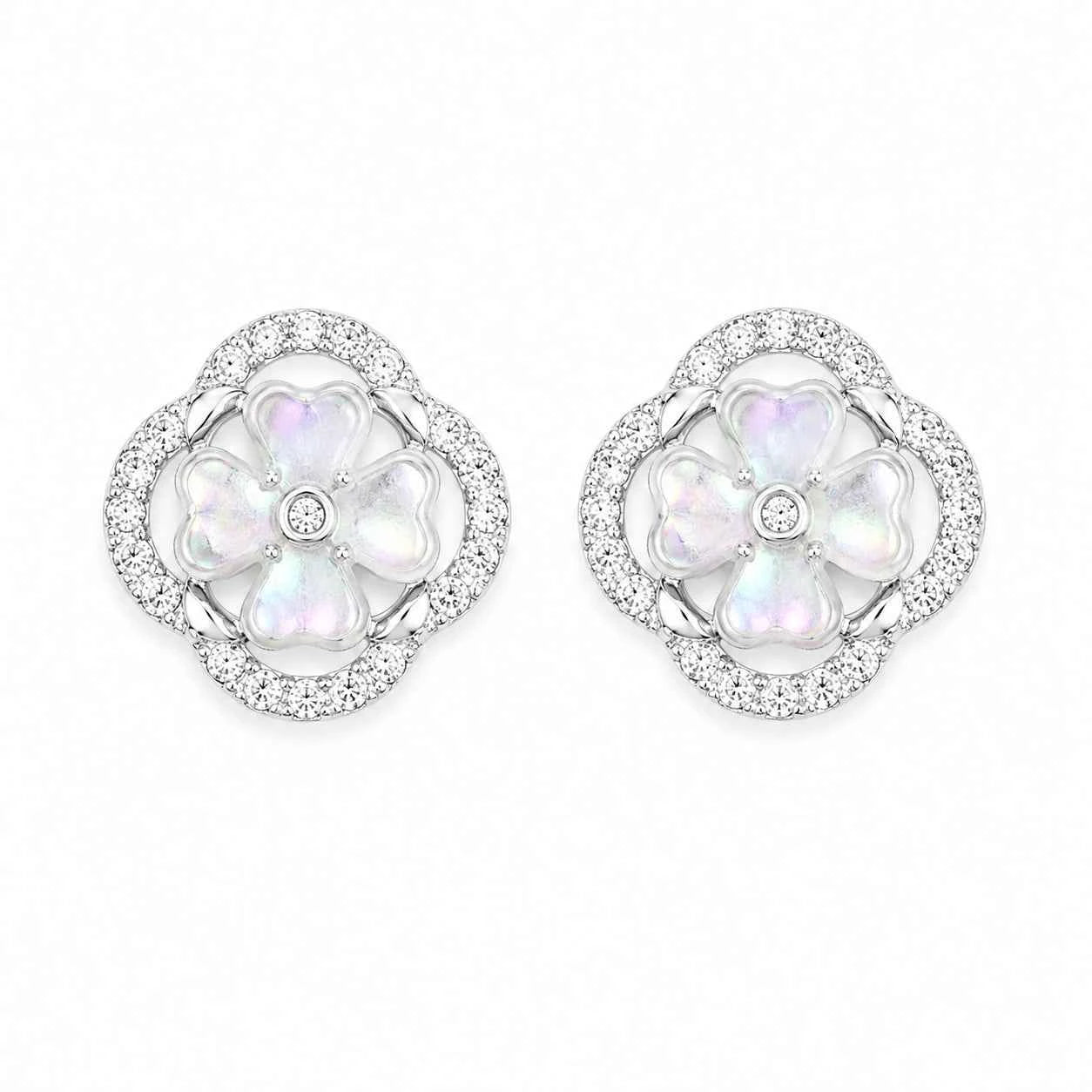 925 silver flower stud earrings with iridescent mother-of-pearl petals and diamond halo