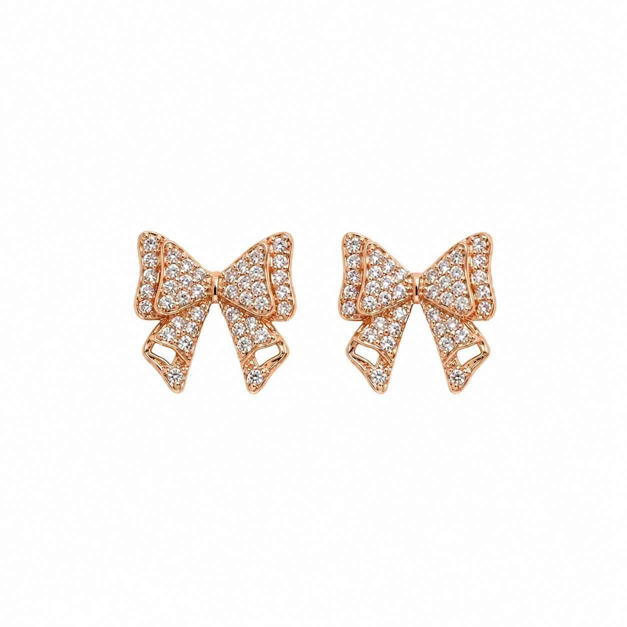 Rose gold bow stud earrings with sparkling crystal pavé in a butterfly bow shape.