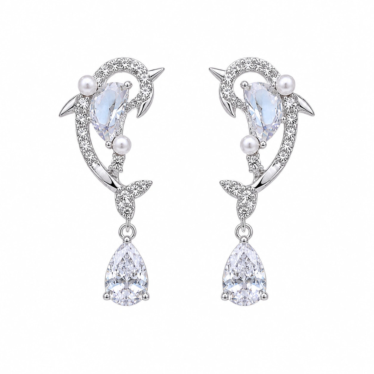 Dolphin Pearl CZ Drop Earrings