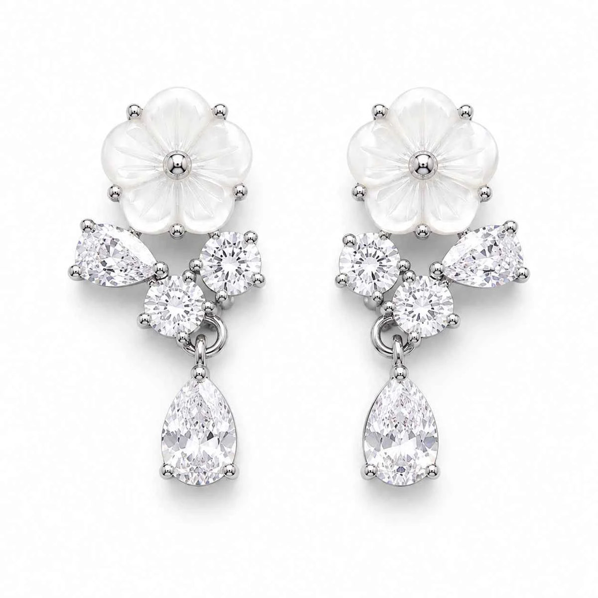 Floral drop 925 silver earrings, white enamel flower with three crystal drops