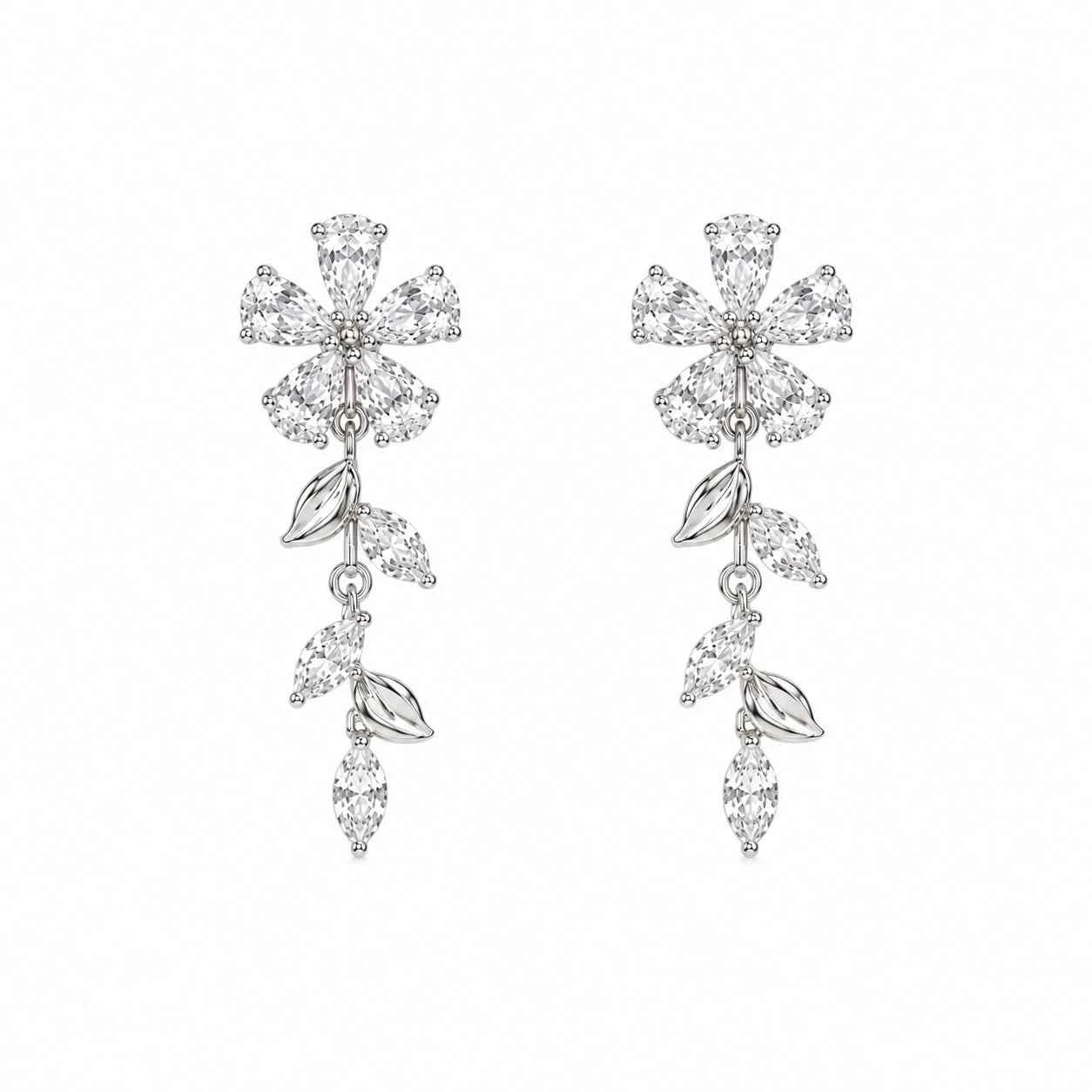 925 silver floral vine drop earrings with marquise and teardrop stones