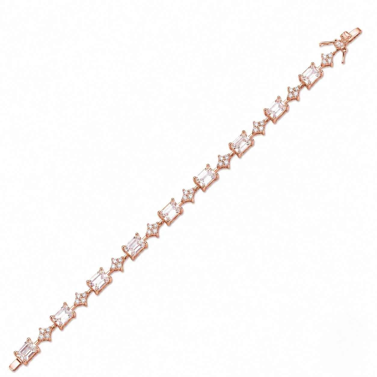 925 silver rose blossom bracelet with square stone links, straight bracelet view