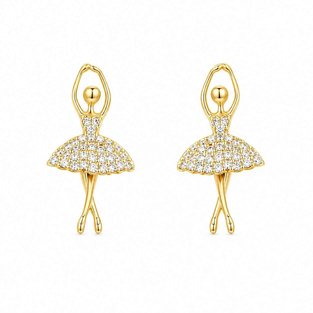 Gold-tone ballerina stud earrings with rhinestone skirt and dangling leg details