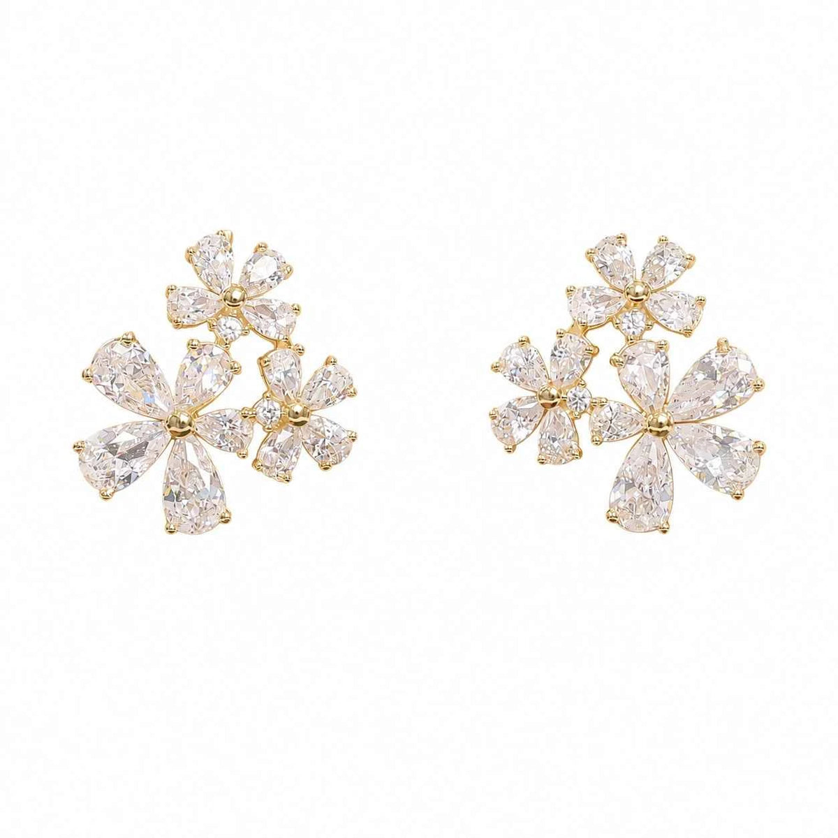 Sparkly floral stud earrings with three layered crystal blossoms, gold-tone settings