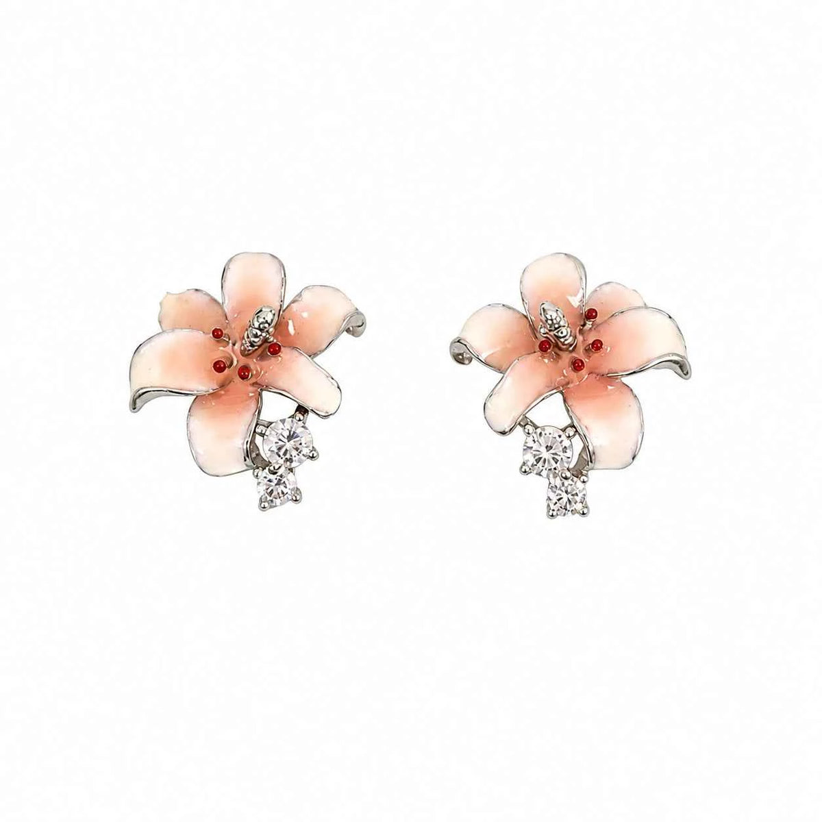 Pink lily bloom stud earrings with red center and clear crystal drop, matching pair
