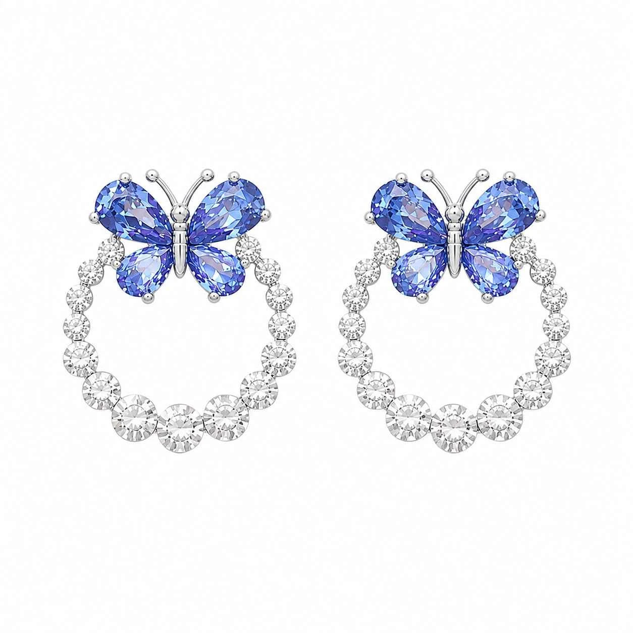 Blue butterfly halo stud earrings with large blue butterfly stones and crystal hoop