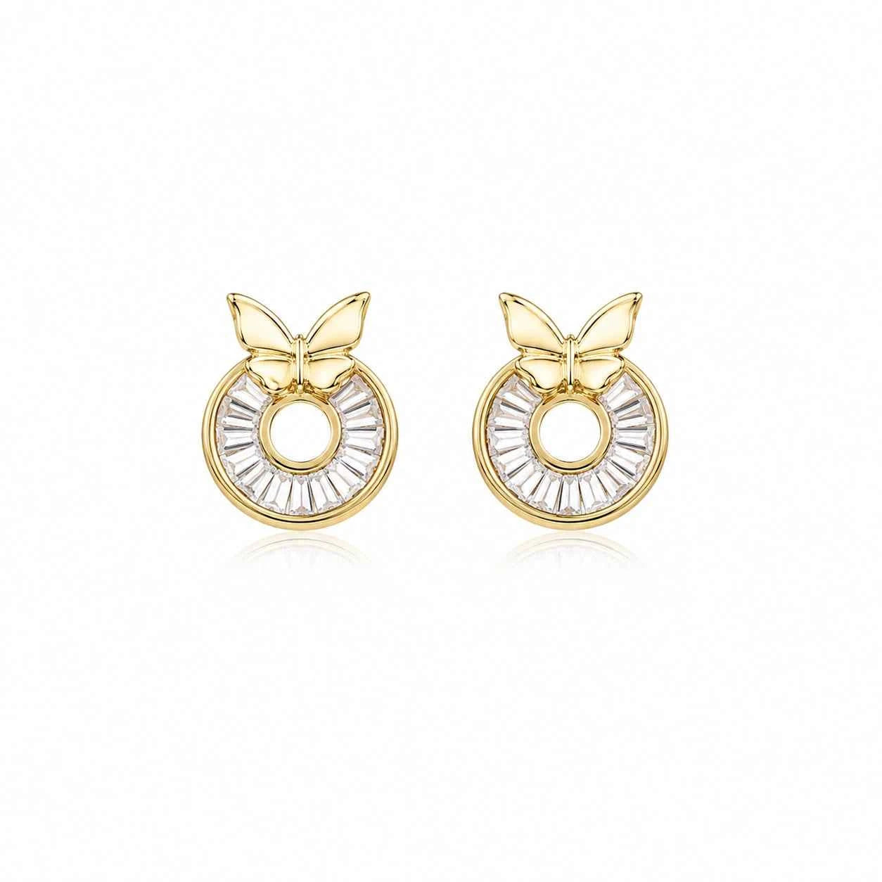 Butterfly halo stud earrings in gold-tone with circular stone halo and ring center