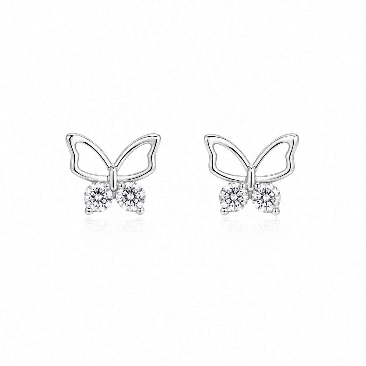 Silver-tone butterfly stud earrings with two clear crystal accents each