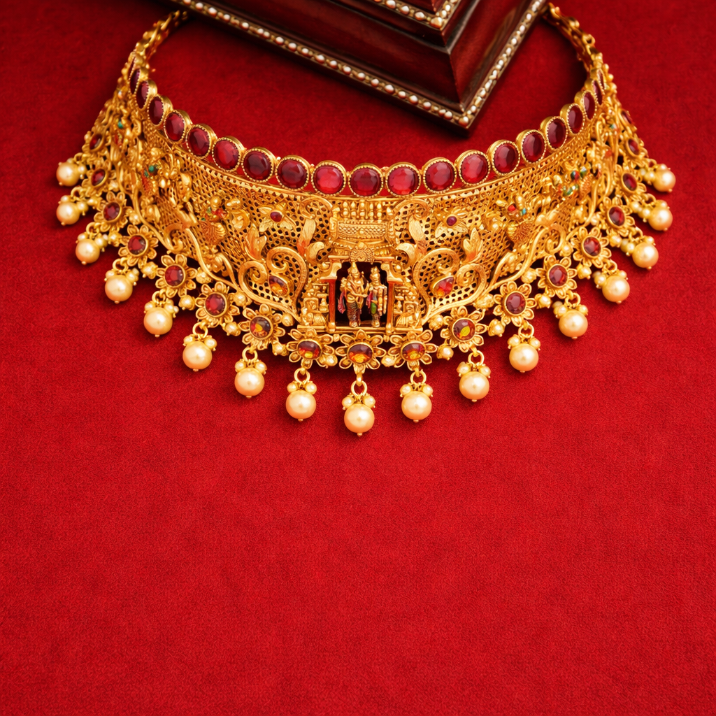 Ruby Temple Pearl Choker Gold-Plated Silver Necklace