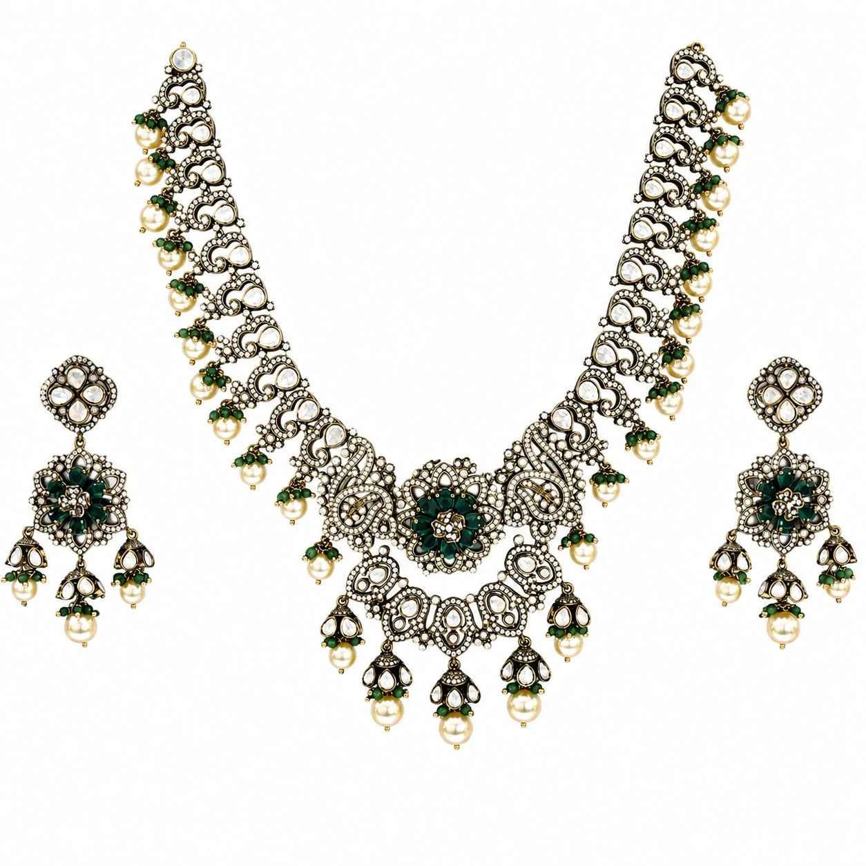 Victorian Emeraled Pearl Necklace Set