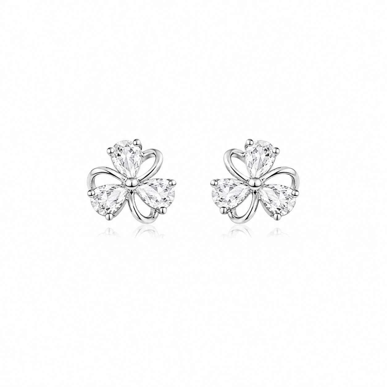 Silver clover sparkle stud earrings, pair with five clear stones in flower setting