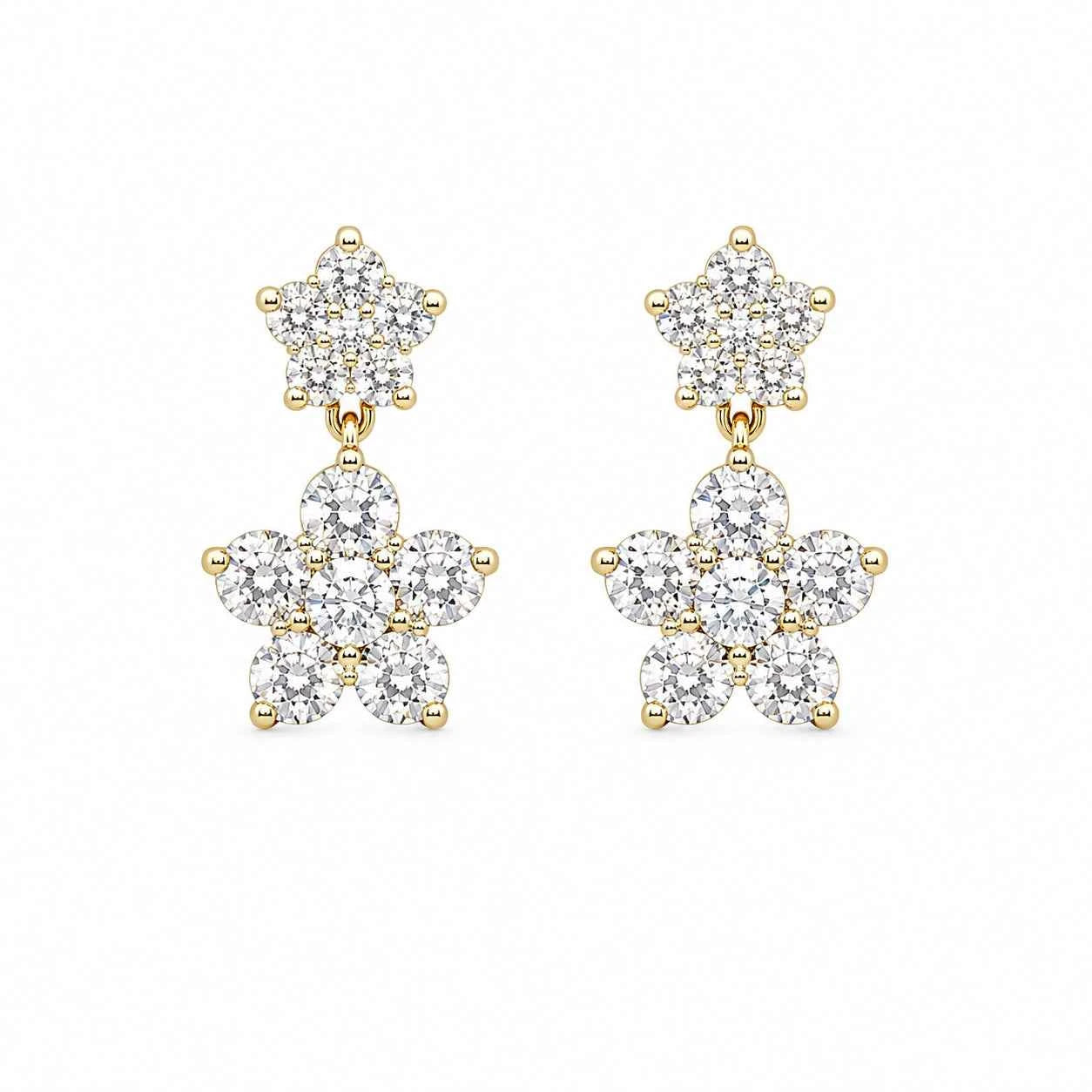 Crystal flower drop stud earrings with gold-tone settings and dangling three-tier stones