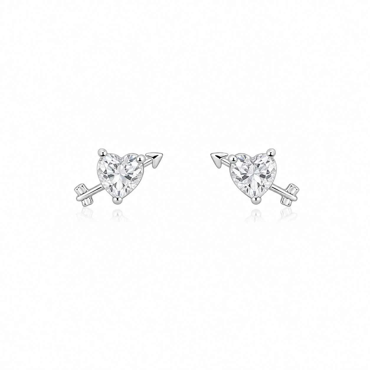Cupid heart-shaped crystal stud earrings, silver-tone pair