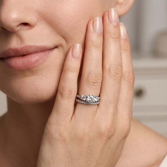 Elegant Dual Ring Set with Round-Cut Center Stone & Pave Band in White Metal