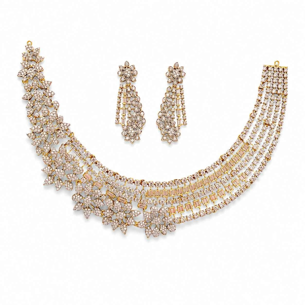 Rhinestone necklace set with curved bib-style collar and matching drop earrings