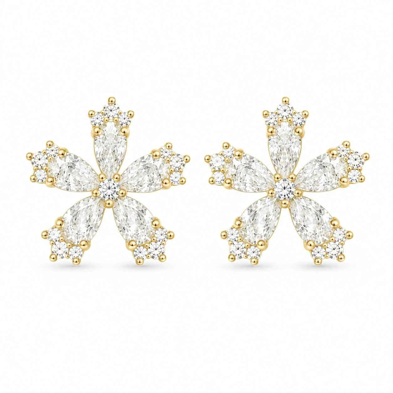 Crystal blossom stud earrings, gold-tone flower design with clear teardrop and round stones