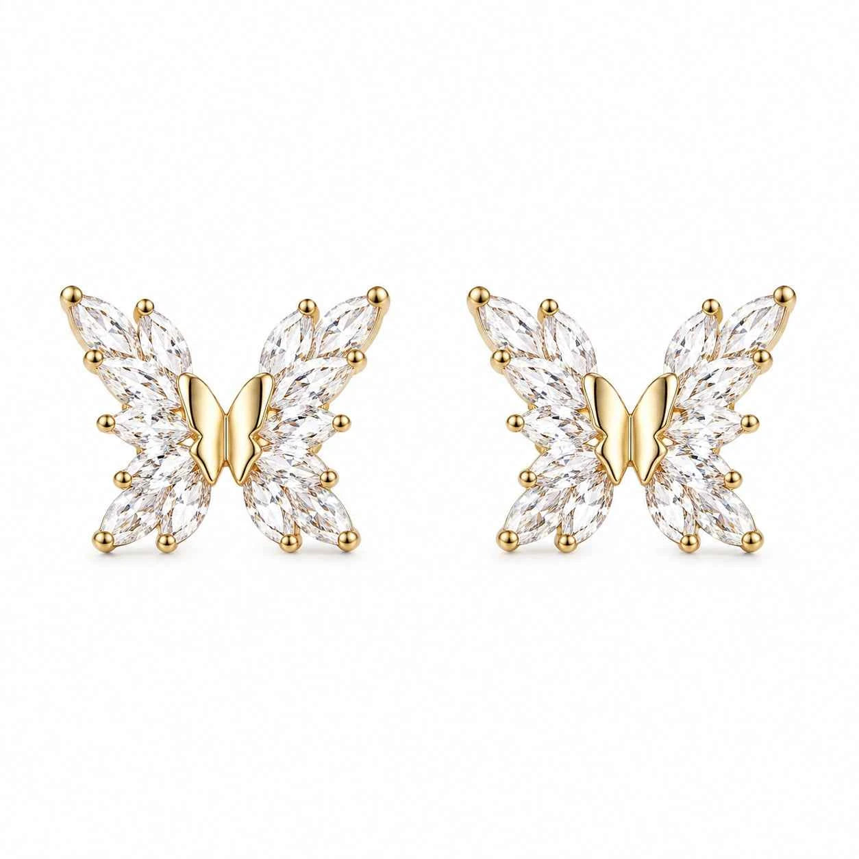 Pair of gold butterfly stud earrings with clear crystal marquise stones and bead details