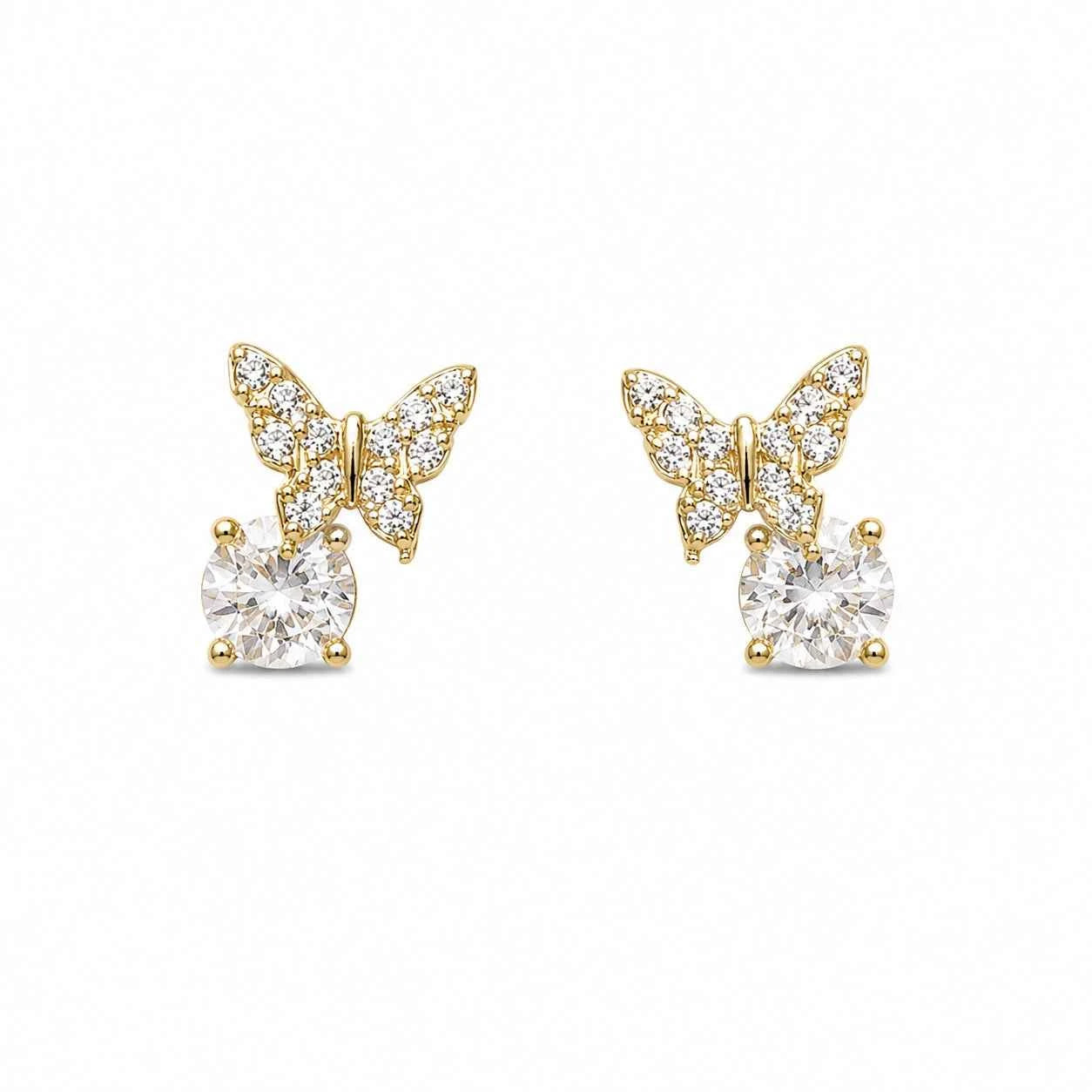 Gold-tone butterfly solitaire stud earrings, matching pair with clear round center stones