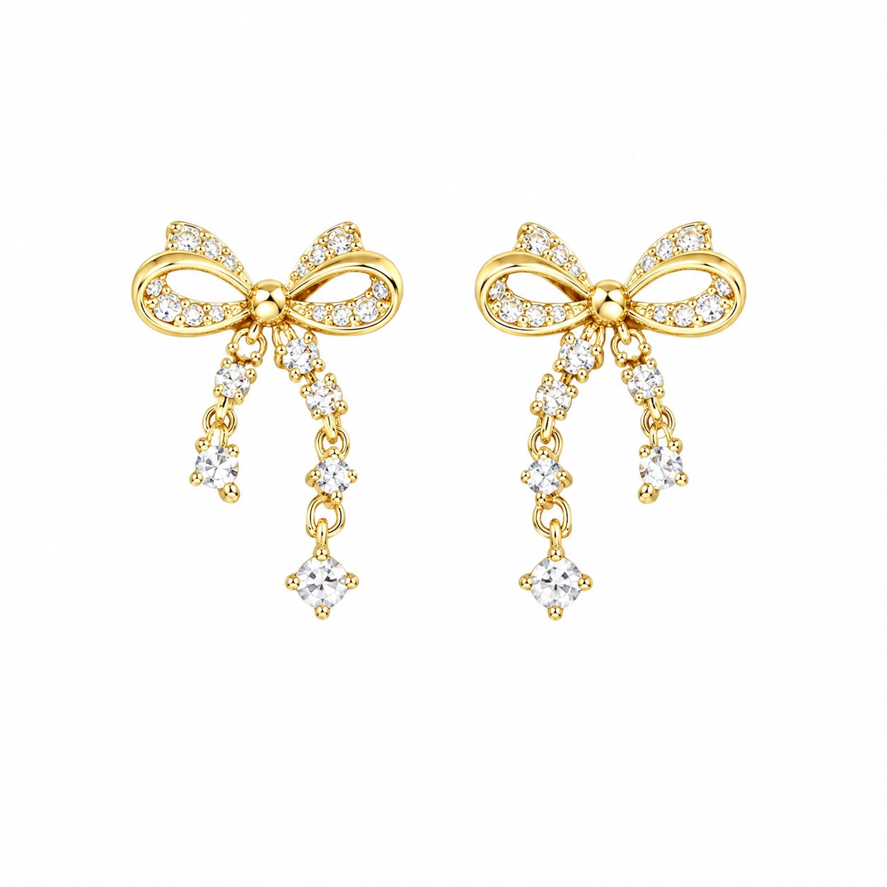 Golden Ribbon Sparkle Drop Stud Earrings