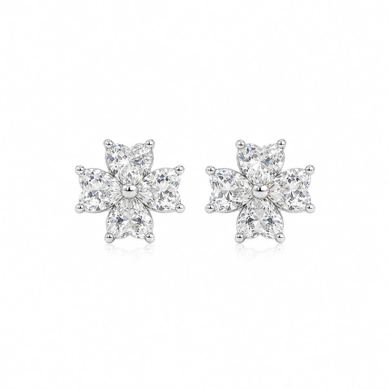 Crystal flower stud earrings, six-petal sparkle with round center, silver-tone