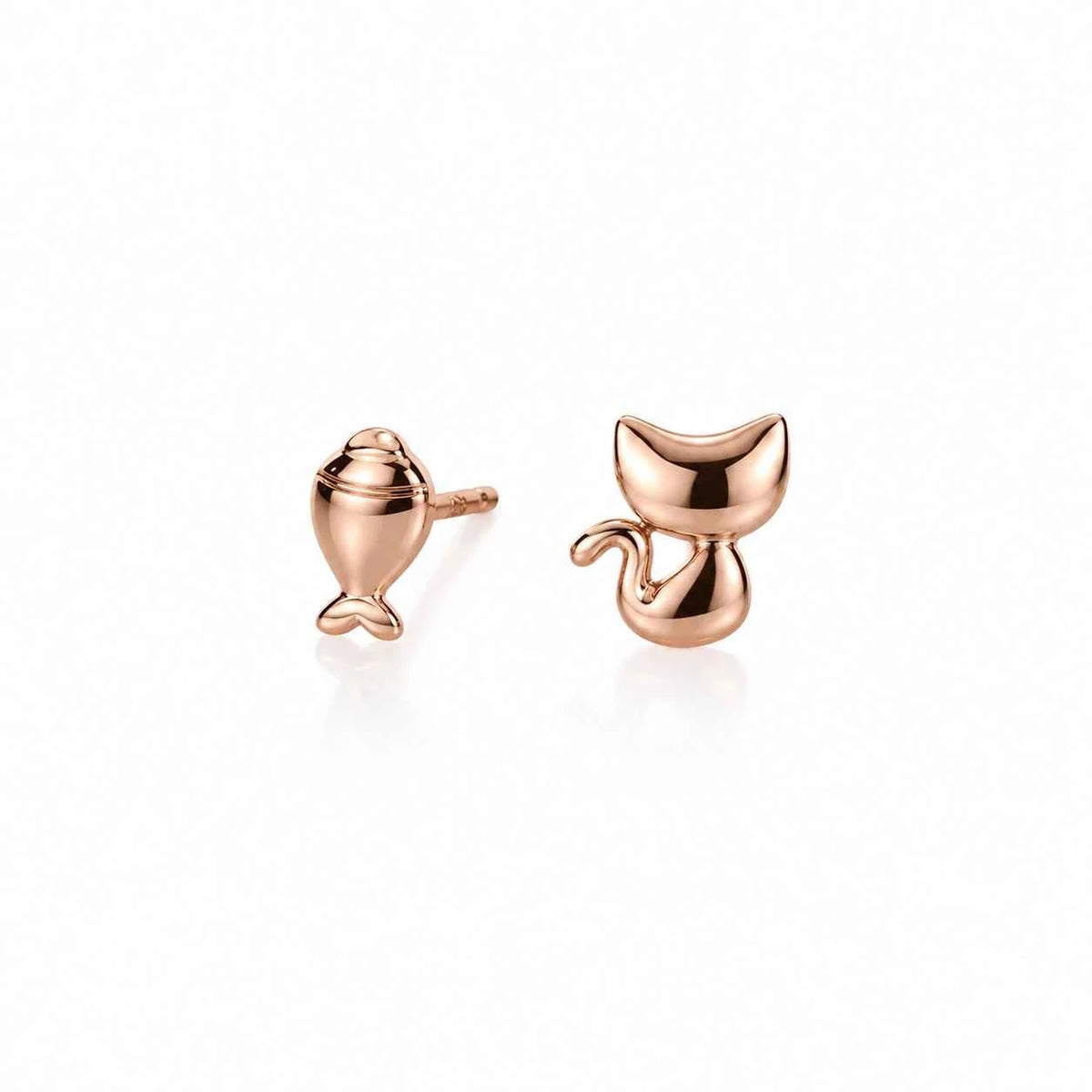 Rose gold cat and fishbone stud earrings, mismatched pair