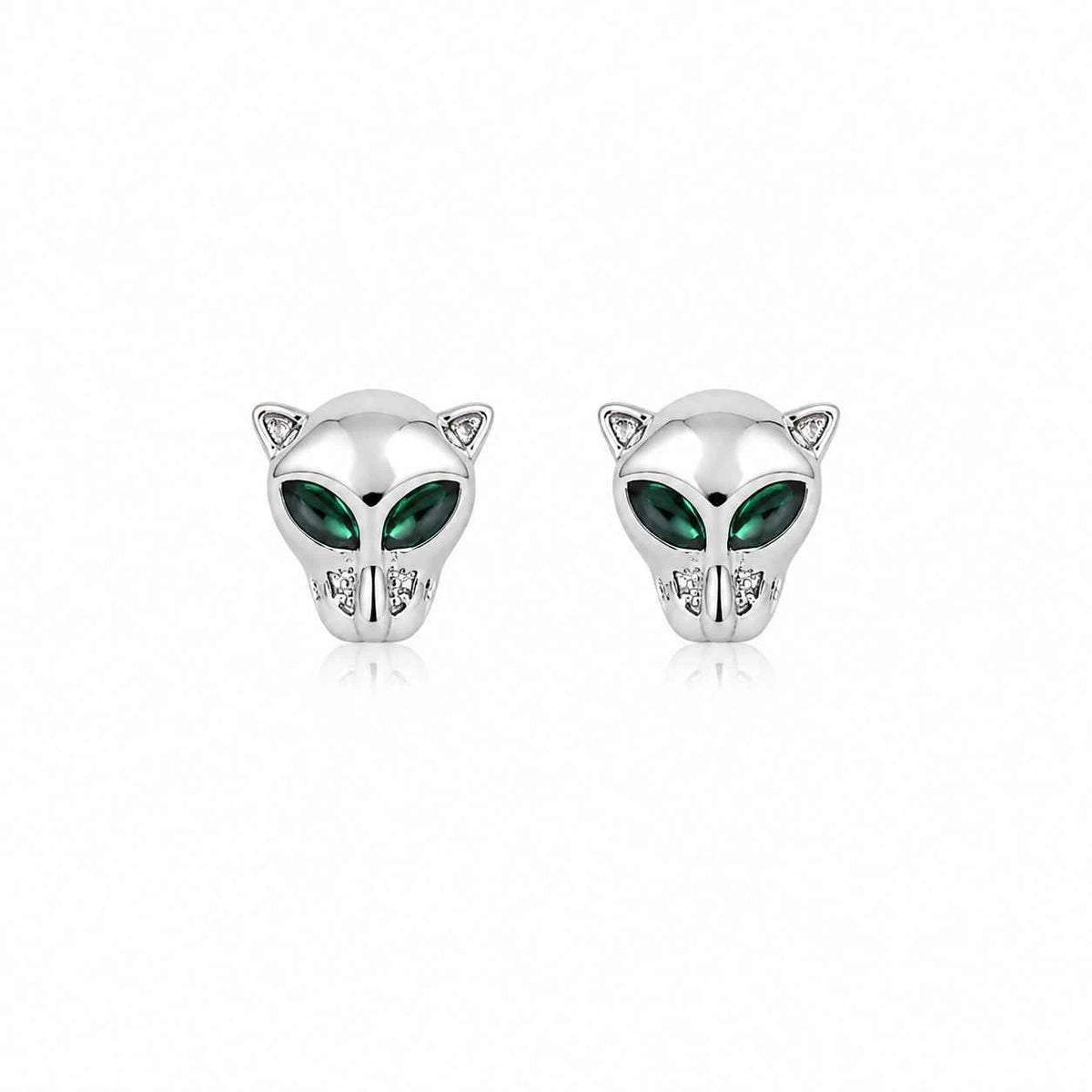 Pair of panther face stud earrings, silver-tone with green eye enamel and clear accents