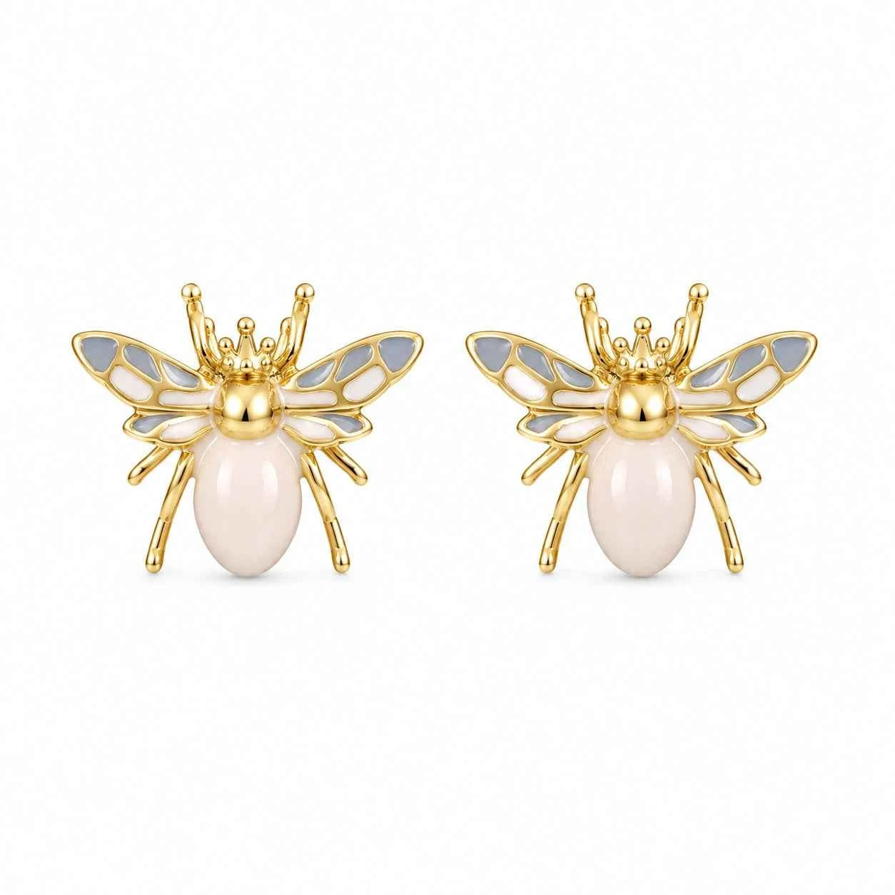Bee stud earrings with gold-tone wings and blue enamel, pearly teardrop body pair