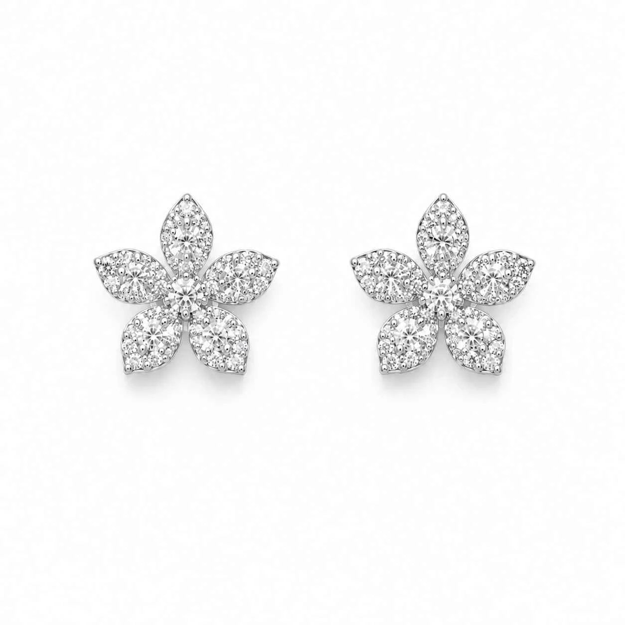 Sparkling flower stud earrings, cluster of small crystal-like stones, silver-tone