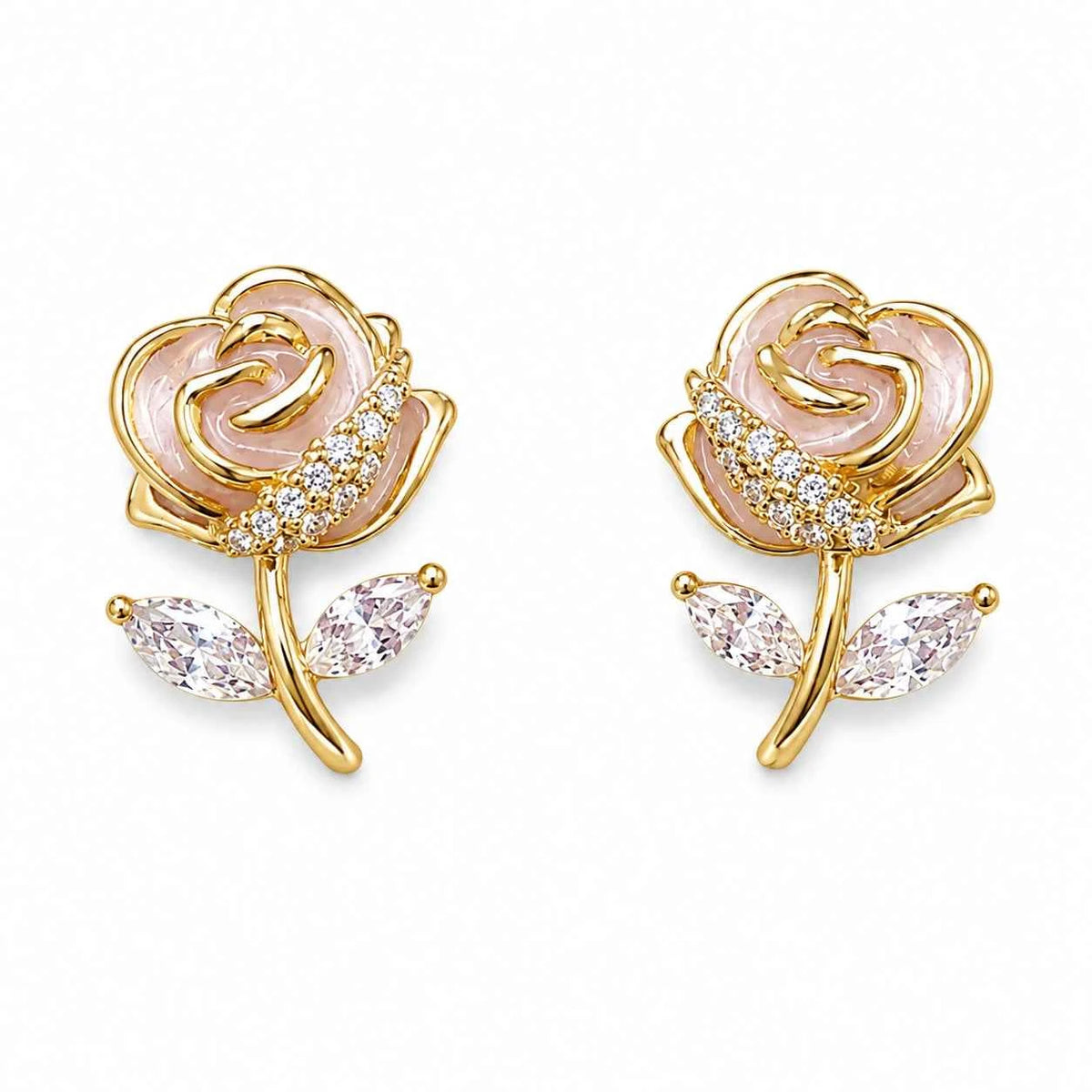 Rose blossom stud earrings, gold-tone with sparkling clear stones and pink rose center