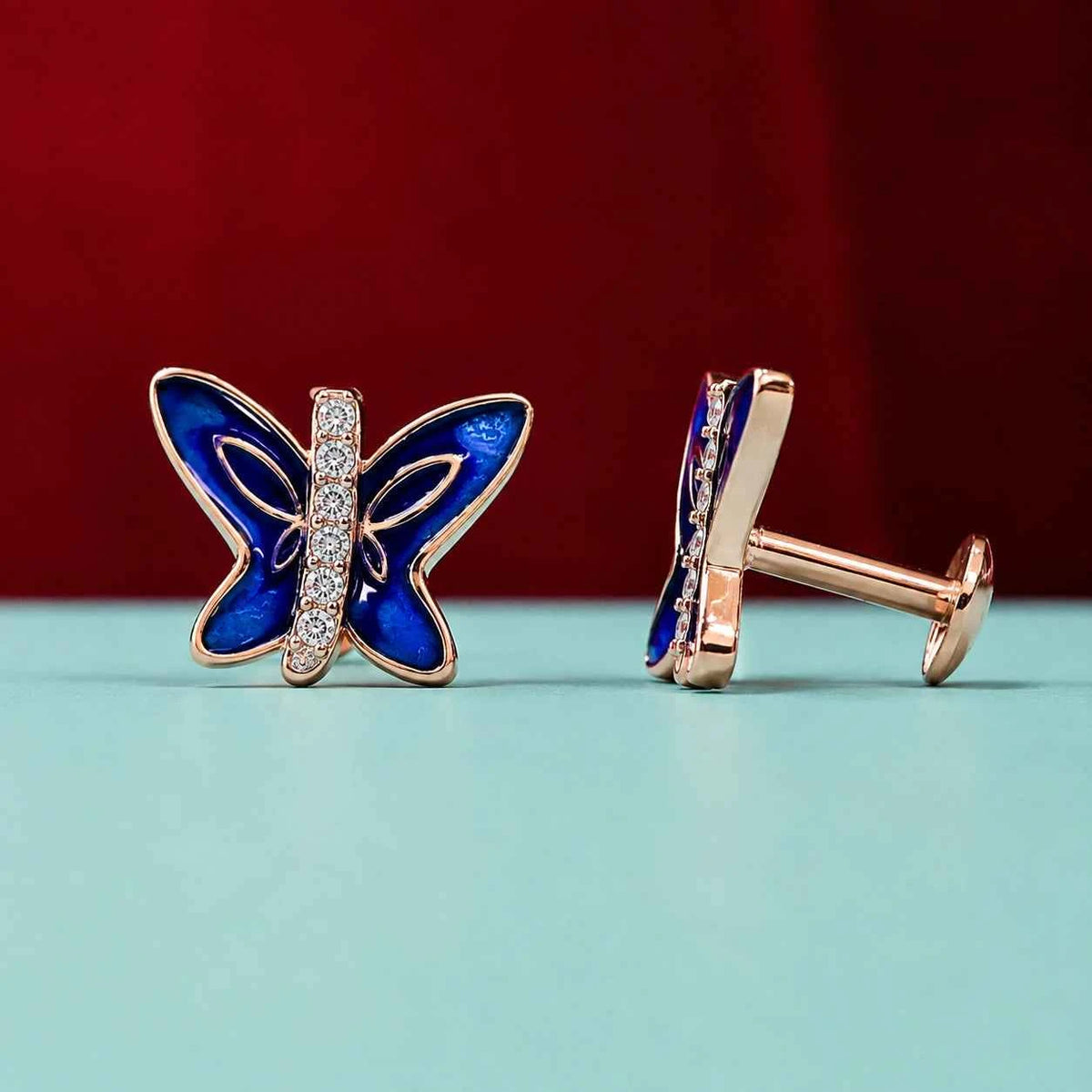 Rose Gold Blue Butterfly CZ Stud Earrings