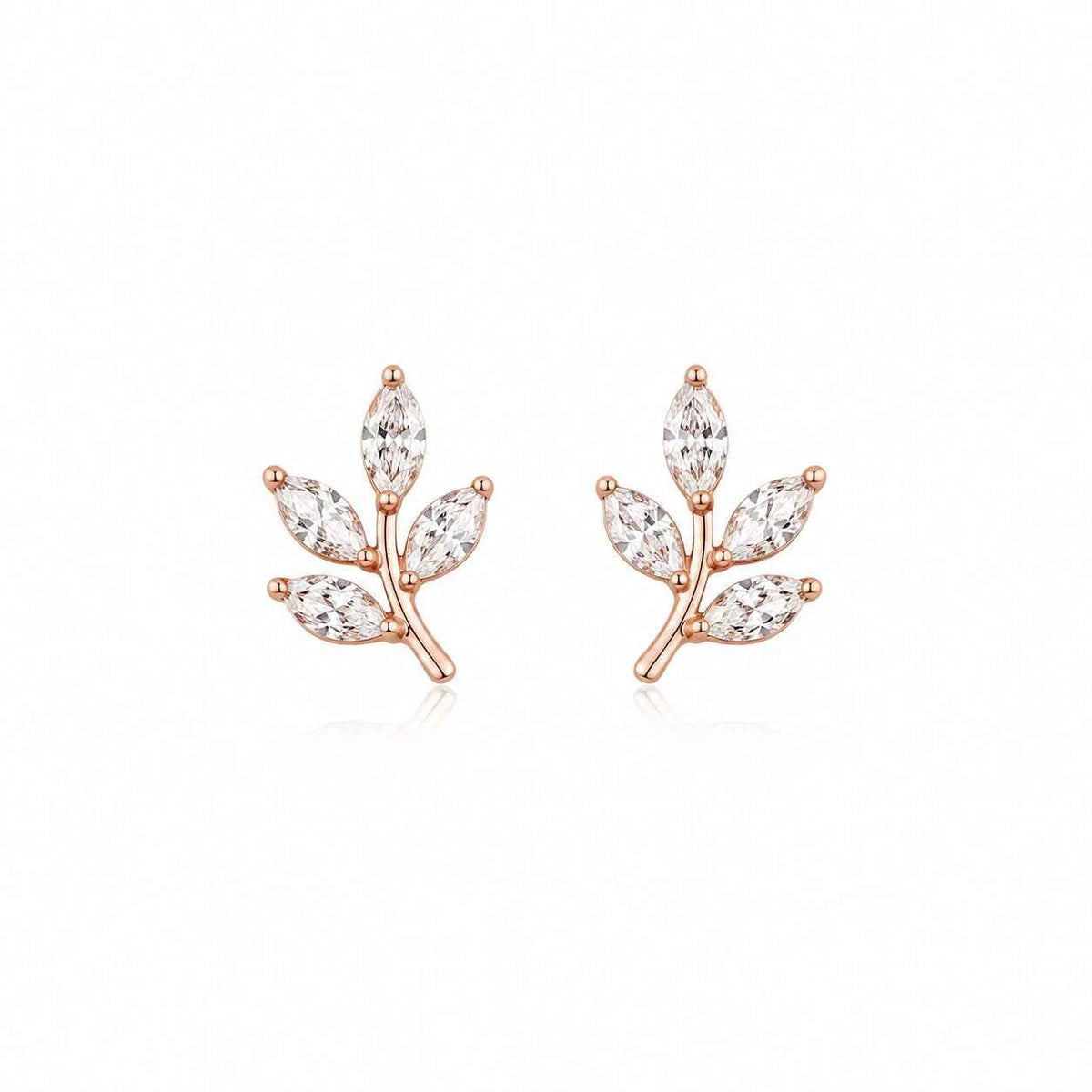 Rose gold leaf sparkle stud earrings with marquise and round clear crystals