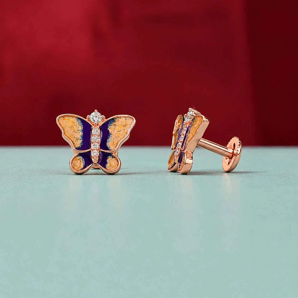 Rose Gold Purple & Orange Butterfly Stud