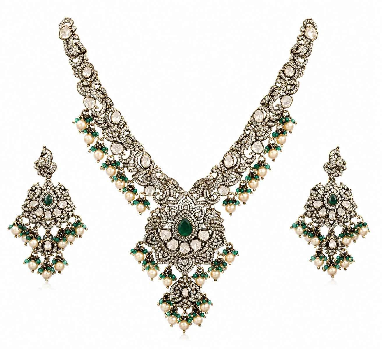 Victorian bridal necklace and earring set, silver-tone with green center stone and pearls