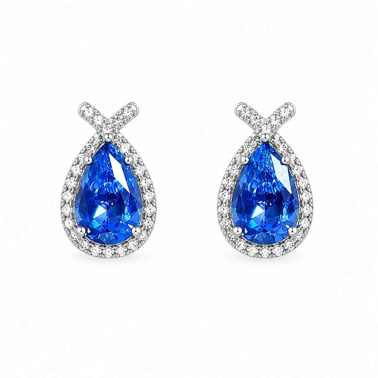 Teardrop halo stud earrings with sapphire-blue teardrop stones and sparkling crystal border