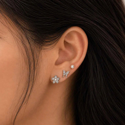 Silver Butterfly & Pearl Stud Earrings Set
