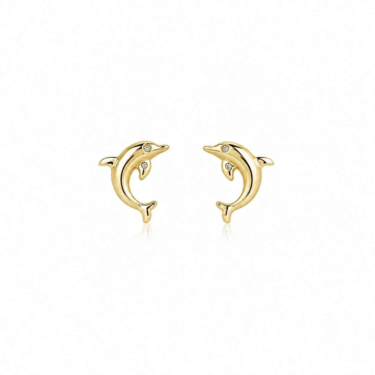 Gold-tone dolphin stud earrings with clear stones, pair view