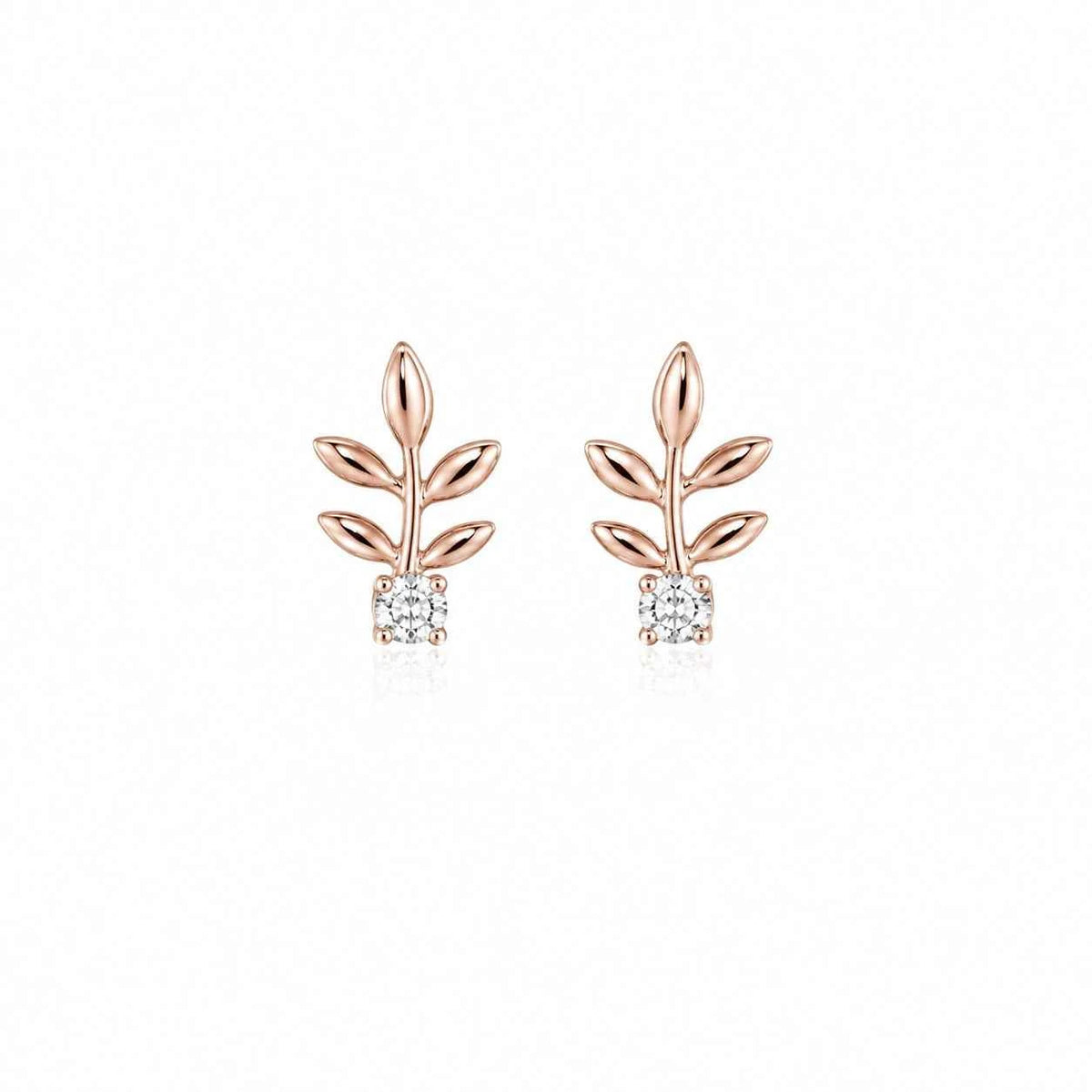 Silver leaf stud earrings, rose-gold leaf motif with small stones at the base