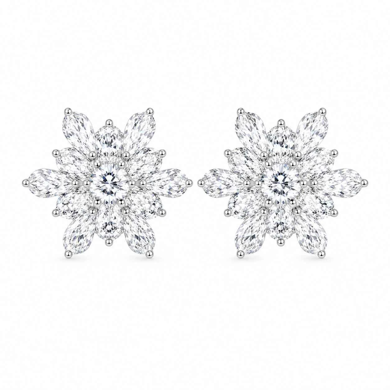 Snowflake bloom stud earrings with detailed snowflake flower and round crystal center
