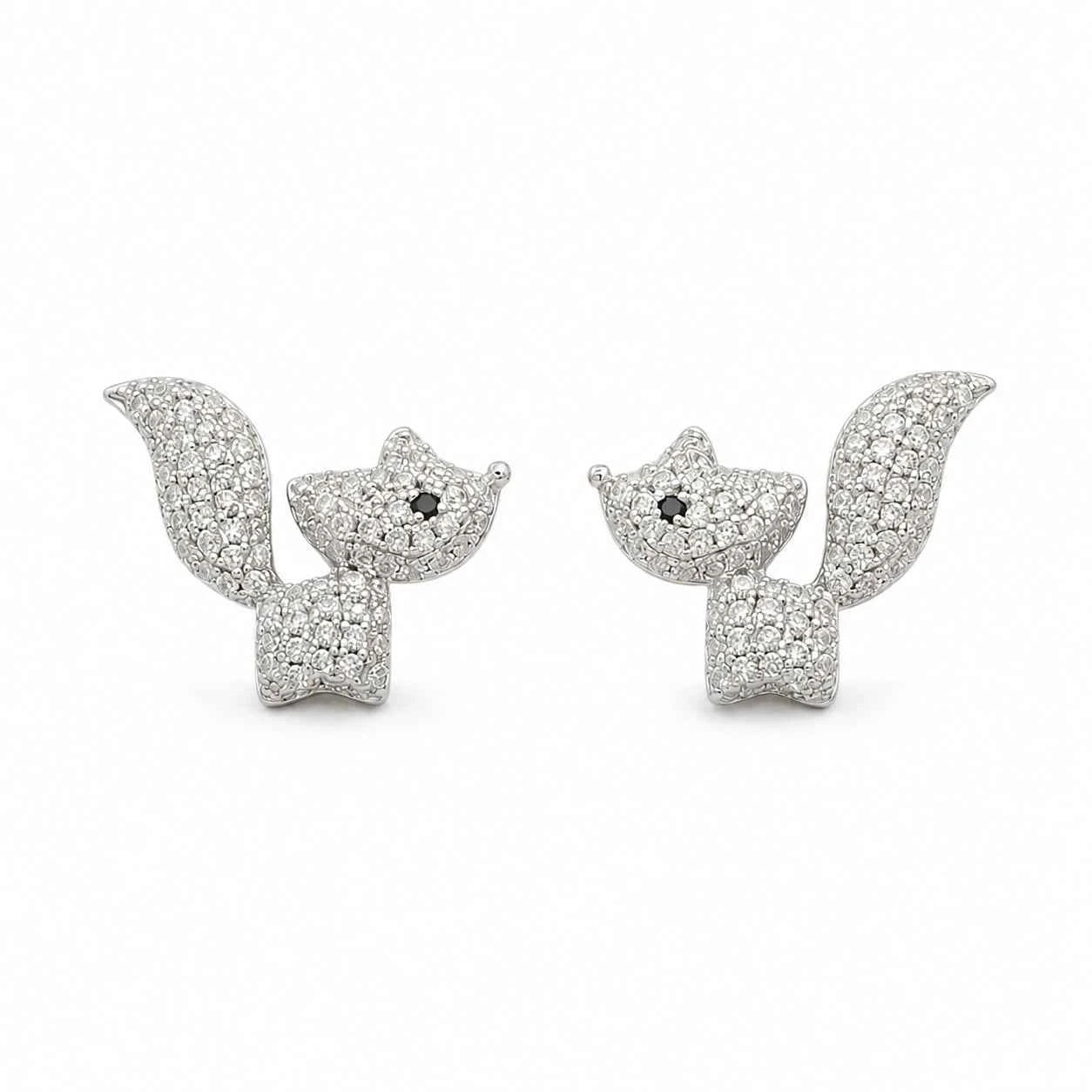 Sparkling rhinestone fox stud earrings, symmetrical pair with fox-face details