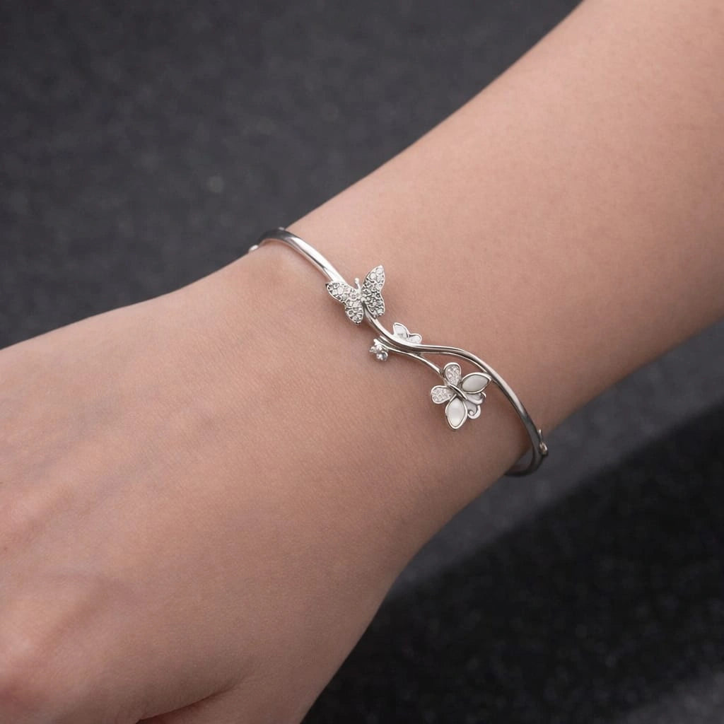 Butterfly & Floral Vine Sterling Silver Cuff Bracelet for Women