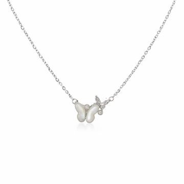 Asymmetrical Mother - of - Pearl & Sparkling Zirconia Dual Butterfly Necklace - Silvorn India